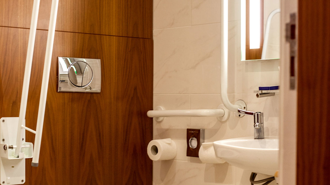 Accessible hotel bathroom with grab bars, modern fixtures, and elegant wood panelling for a comfortable stay.