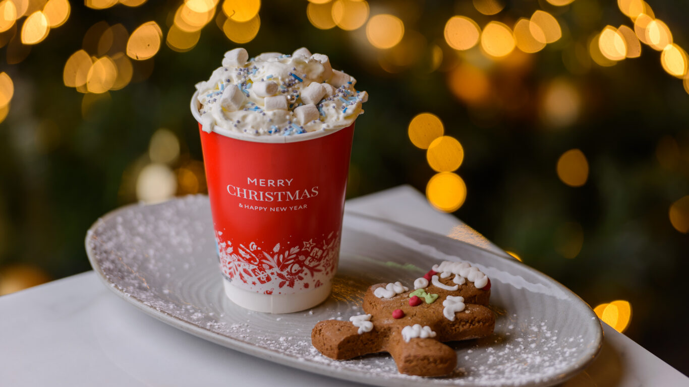 Festive Christmas hot cocoa with marshmallows and gingerbread on a plate, surrounded by warm holiday lights.