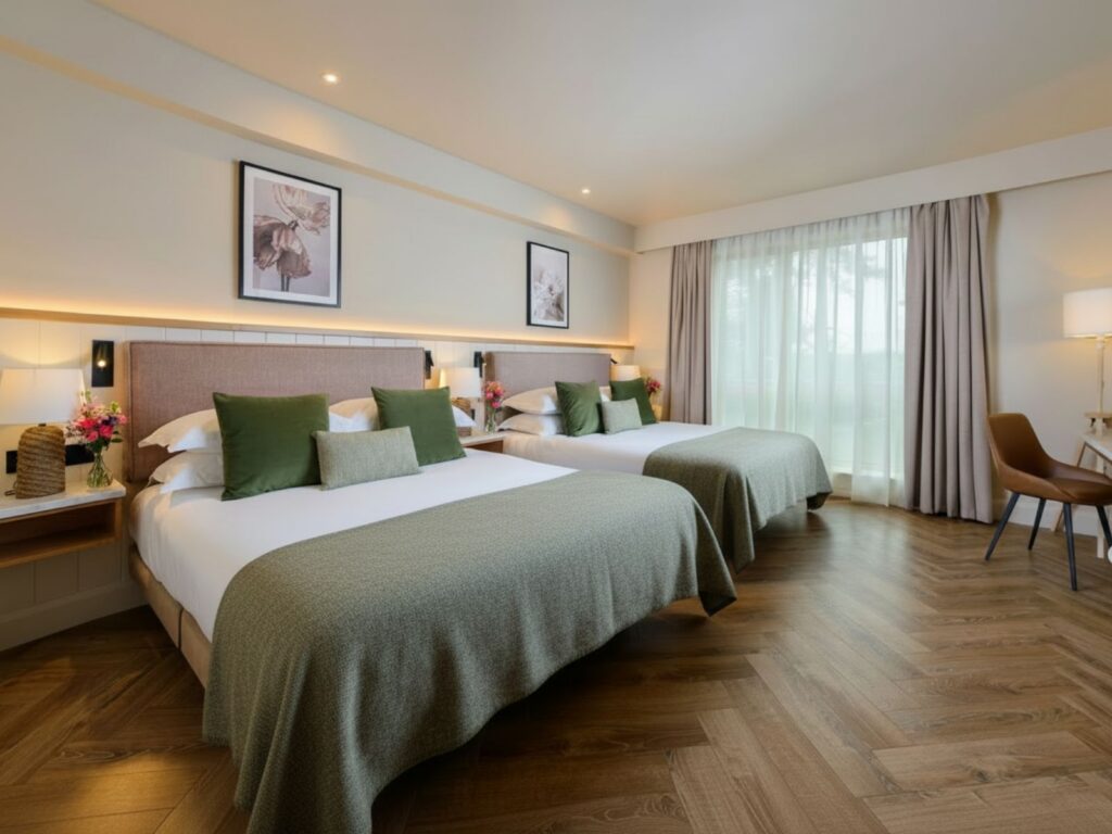 Elegant hotel room with two double beds, green accents, wooden floors, artistic decor, and natural light from large windows.